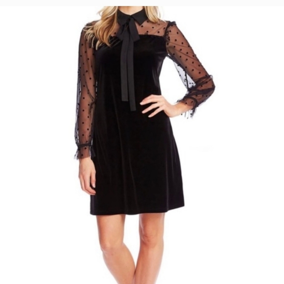 Cece A-line black velvet polka dot dress large - Picture 1 of 4
